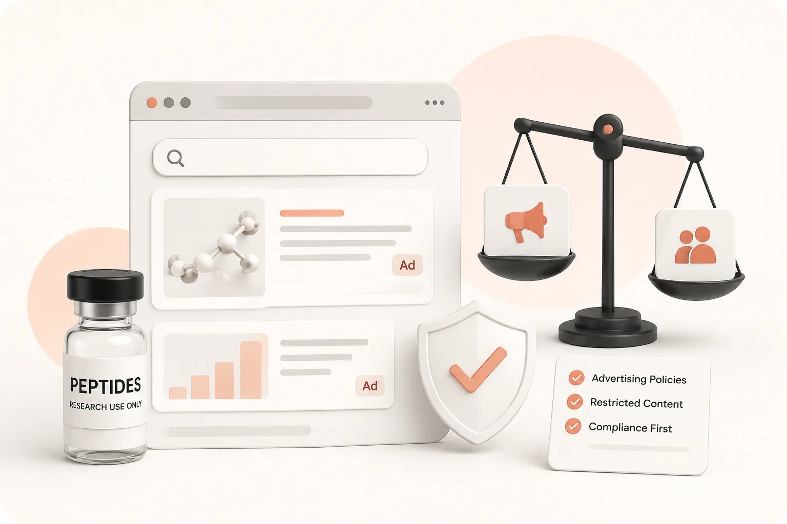 Peptide advertising policy visual with paid ad cards, compliance checklist, shield, and platform risk scale