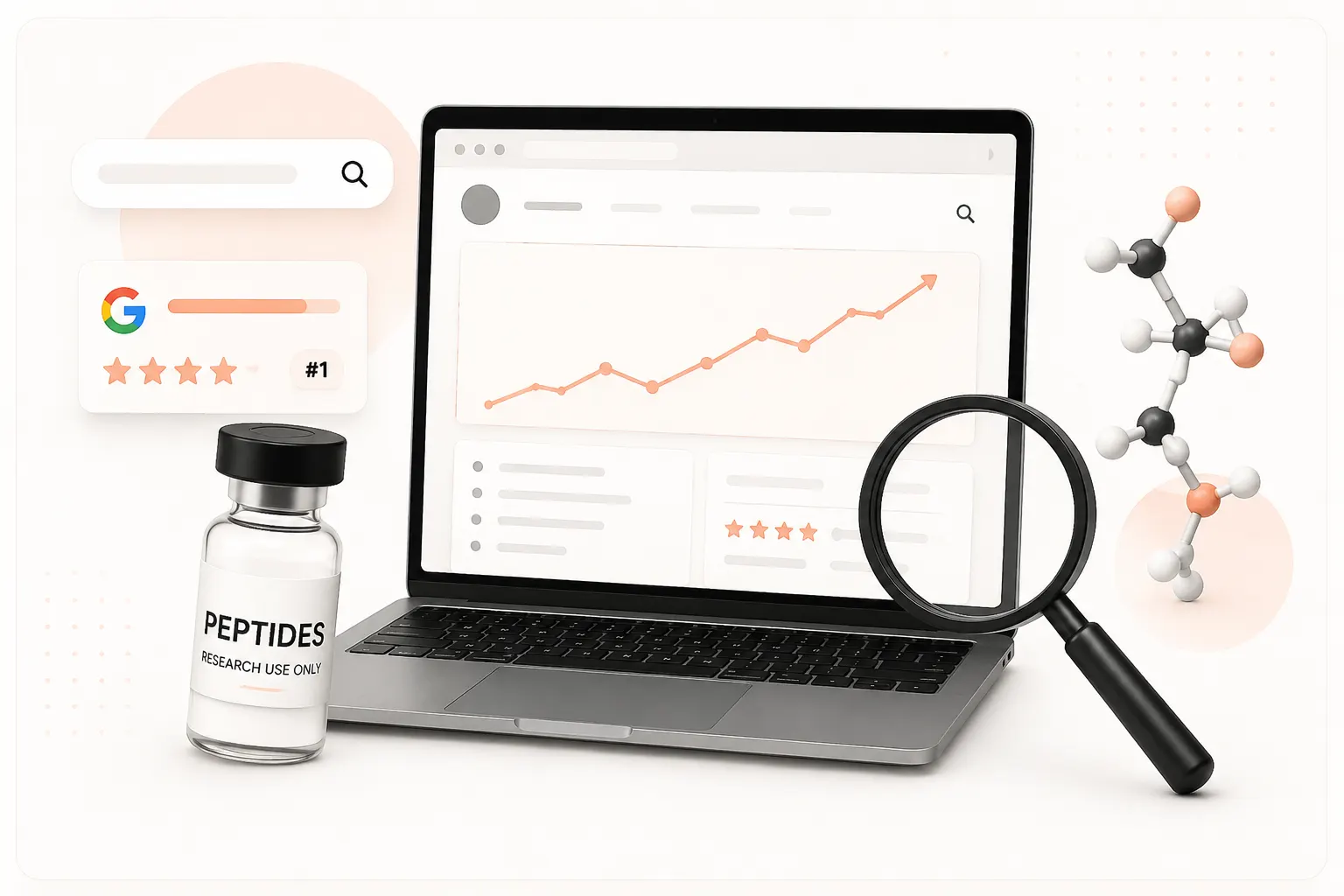 Best peptide website ranking visual with Google result card, search dashboard, growth chart, and magnifying glass