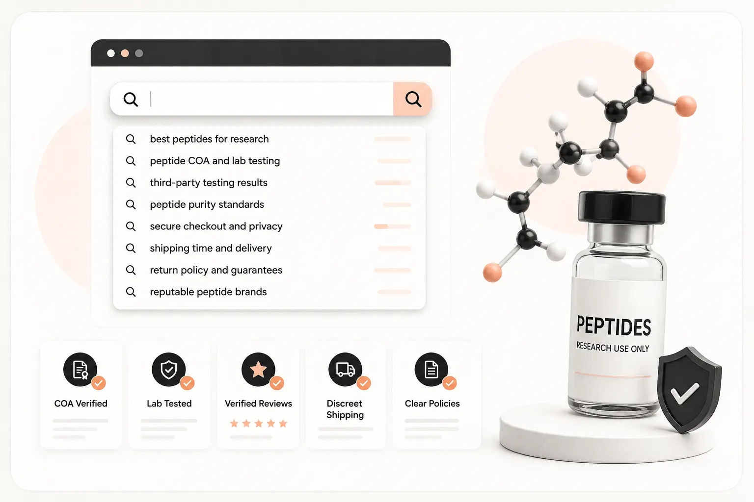 Best peptides website trust signals with search suggestions, COA verification, reviews, shipping, and clear policy icons