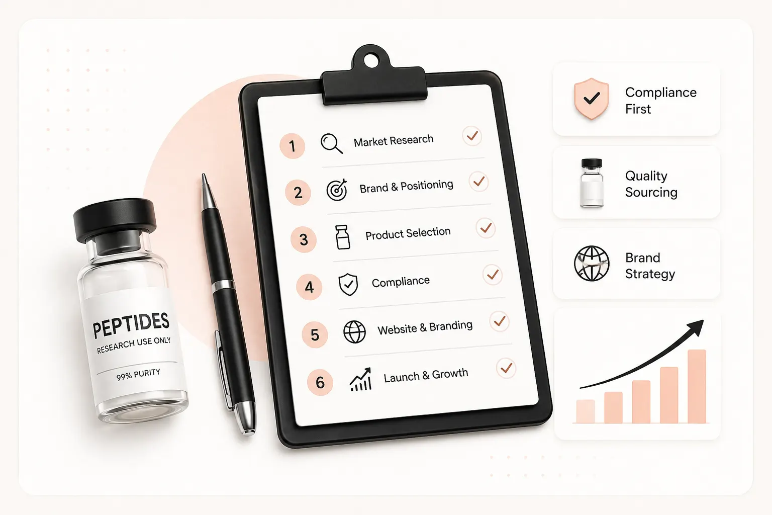 Step-by-step peptide brand launch checklist with sourcing, compliance, website, and growth stages