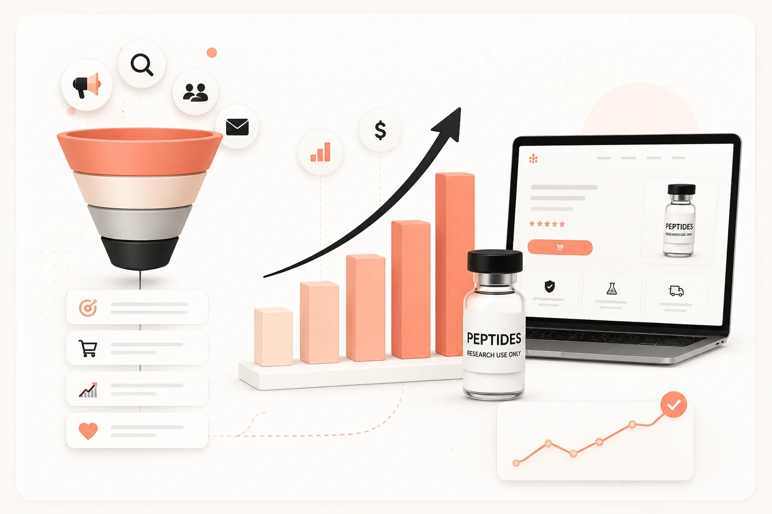 Peptide brand sales growth framework with funnel, revenue chart, ecommerce screen, and conversion icons