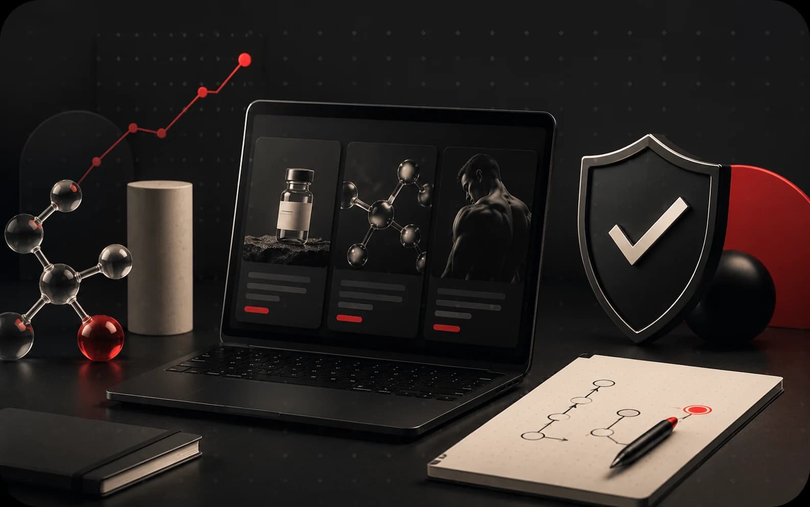 Peptide ad policy compliance visual with a dark laptop, shield icon, claim review notes, and growth line