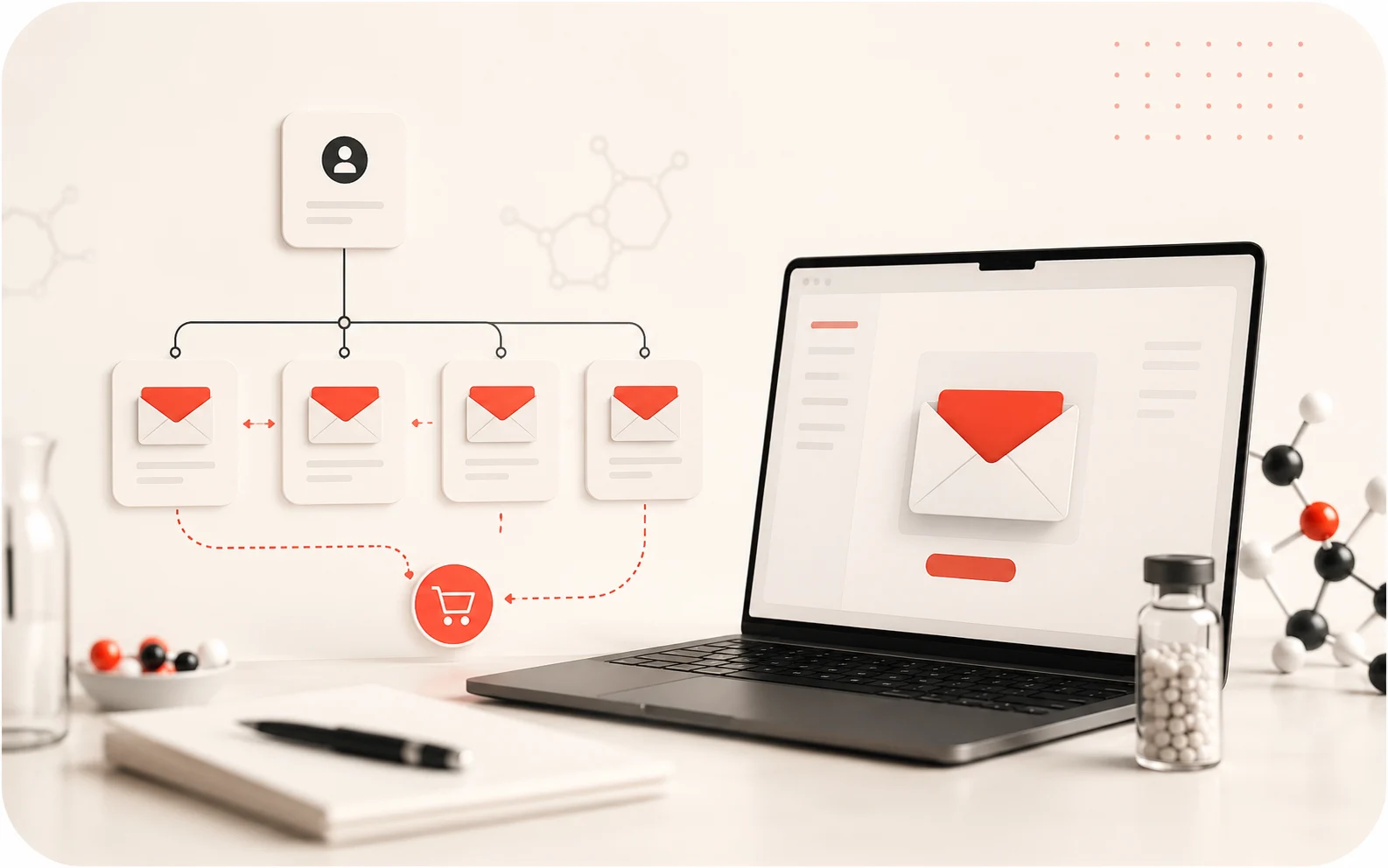 Peptide email flow automation visual with a laptop, email sequence map, red envelopes, and peptide vial