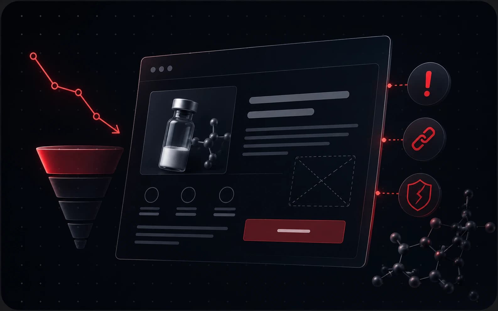 Peptide landing page conversion mistakes visual with a dark funnel, warning icons, and product page wireframe