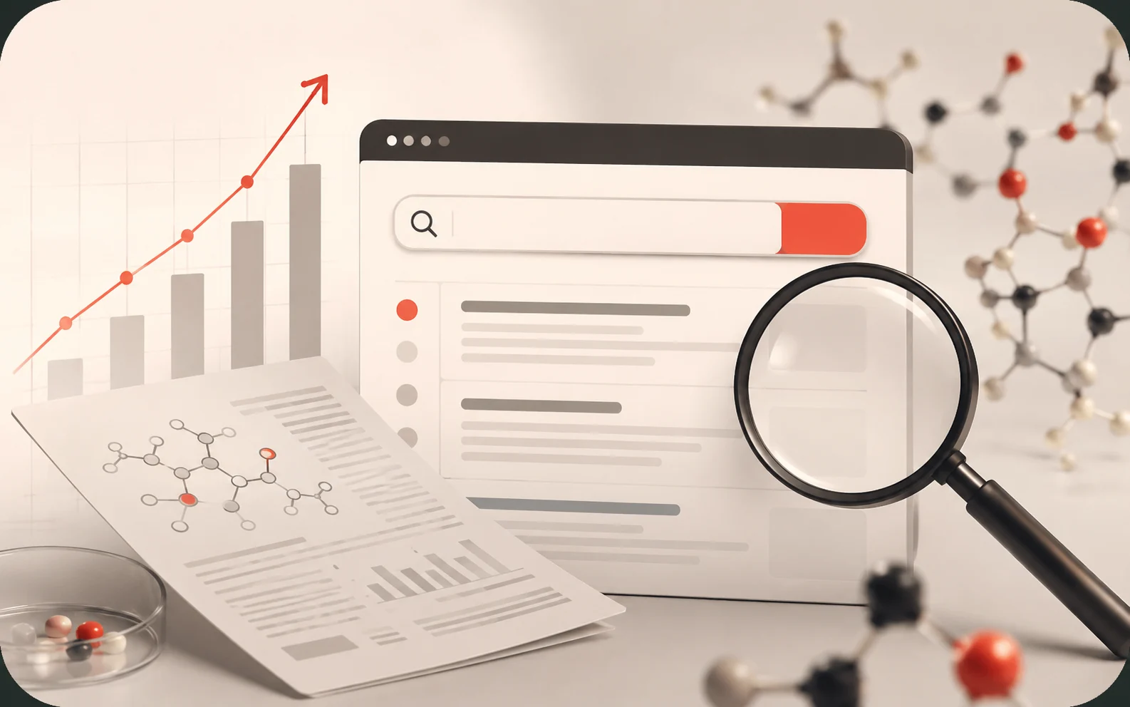 Peptide SEO search visibility visual with search results, magnifying glass, growth chart, and molecular models