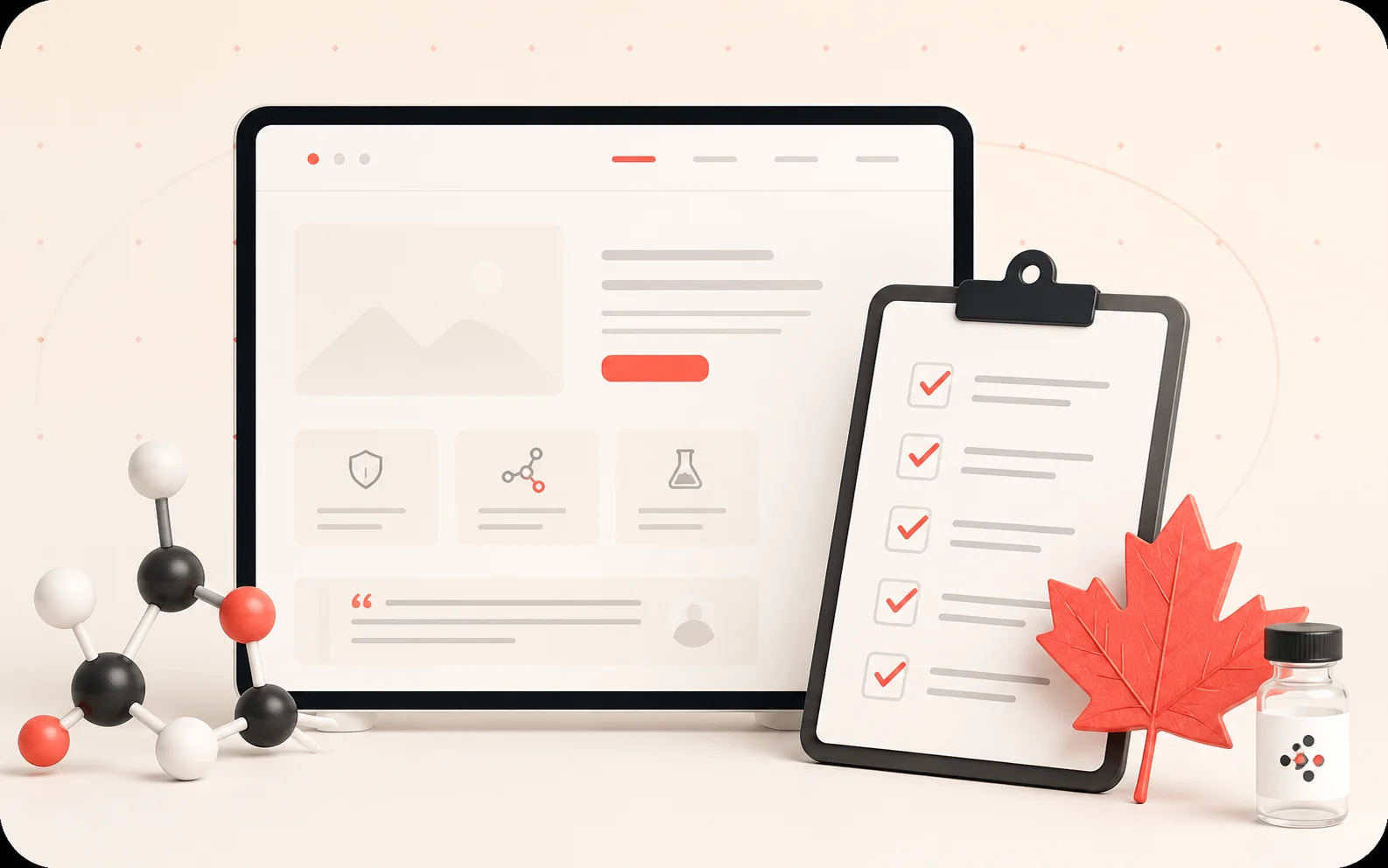 Peptide website design checklist visual with a Canada-focused compliance checklist, lab vial, and maple leaf