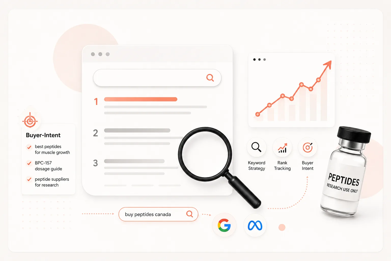Peptide website SEO buyer-intent search map with keyword strategy, ranking chart, Google and Meta icons