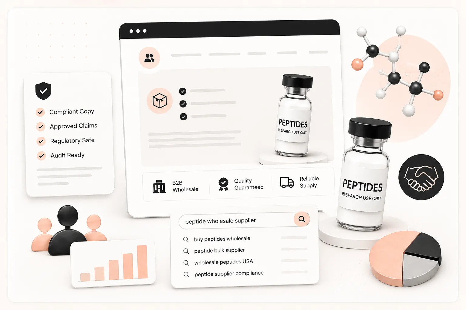 Peptide wholesale SEO visual with B2B supplier search terms, compliance copy, product pages, and growth charts