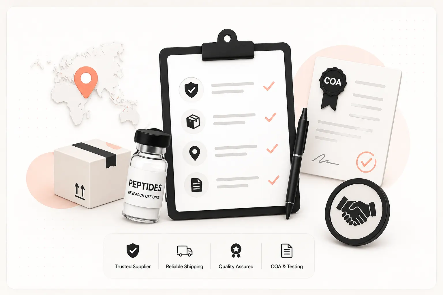 Peptide wholesale supplier vetting checklist with COA document, shipping, quality, and trust icons