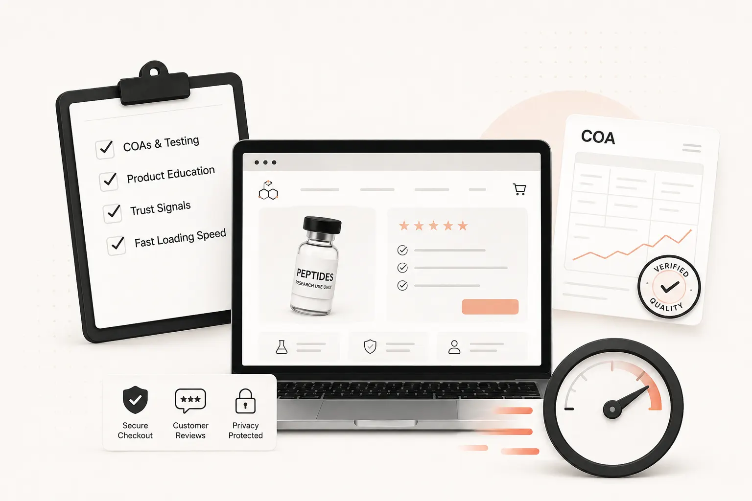 Peptides website checklist with COA, product education, trust signals, privacy, reviews, and speed indicators