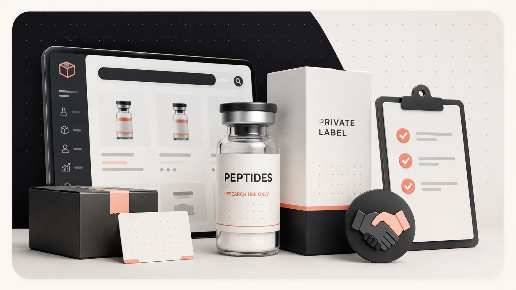Private label peptide packaging, branded vial, ecommerce screen, and compliance checklist