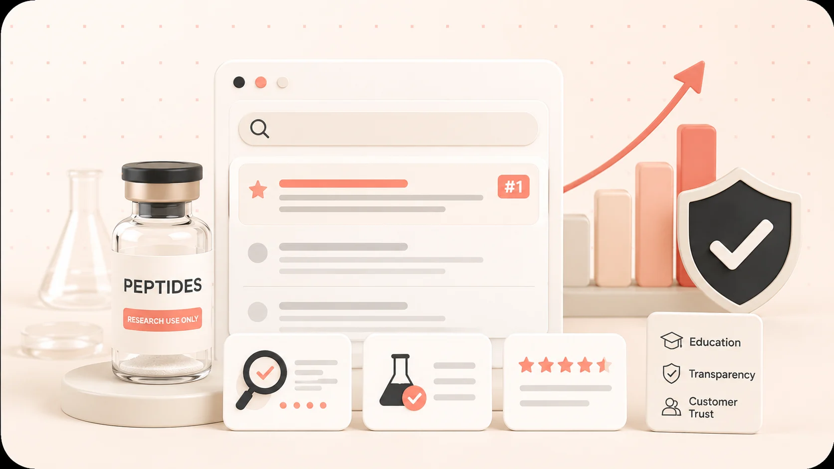 Compliant best website to buy peptides ranking visual with search result, trust shield, and education signals