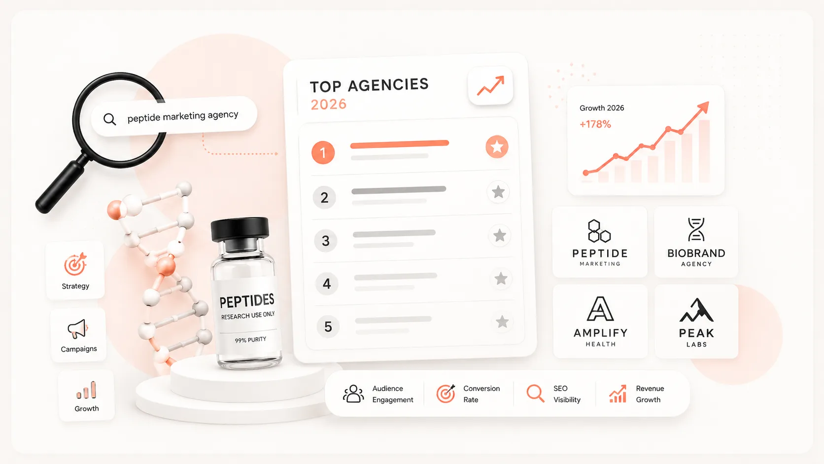 Top peptide agency ranking visual with peptide marketing search, growth chart, agency scorecard, and campaign icons