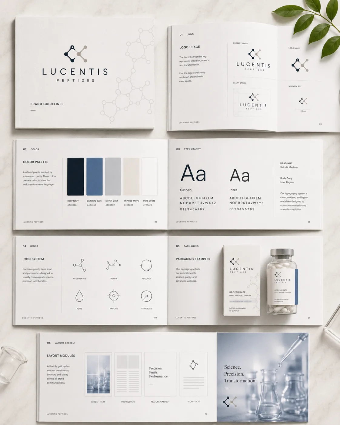 Lucentis Peptides brand guidelines book showing logo usage, color palette, typography, icons, packaging, and layout system
