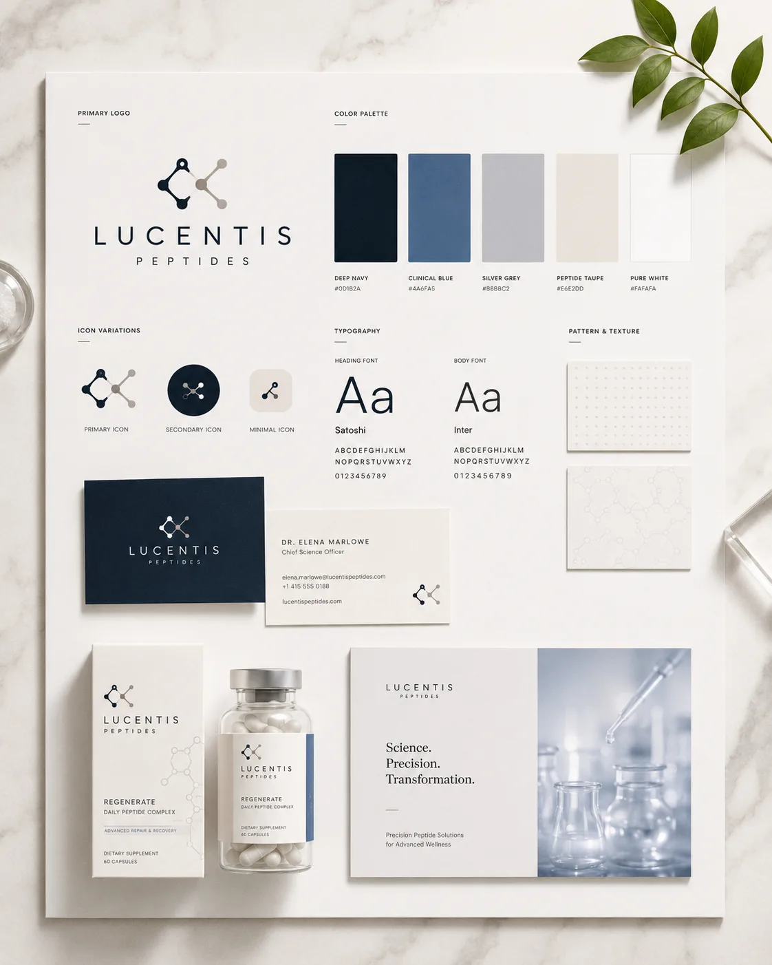 Lucentis Peptides brand identity system with logo, color palette, typography, packaging, and visual assets