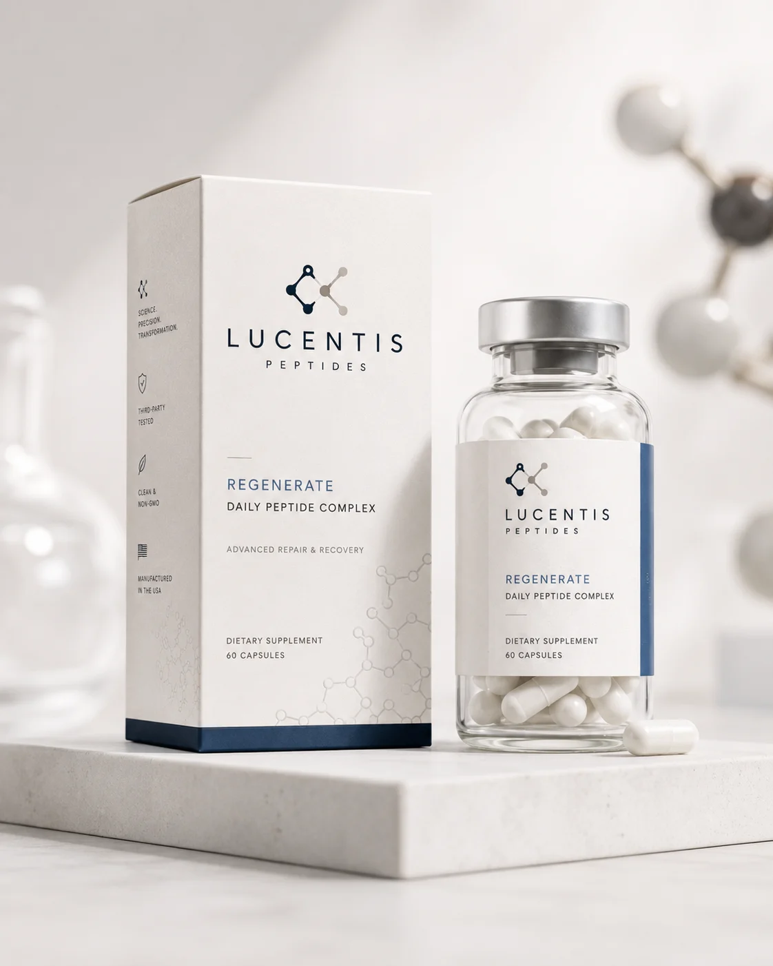 Lucentis Peptides premium bottle and box packaging design on a clean clinical product set