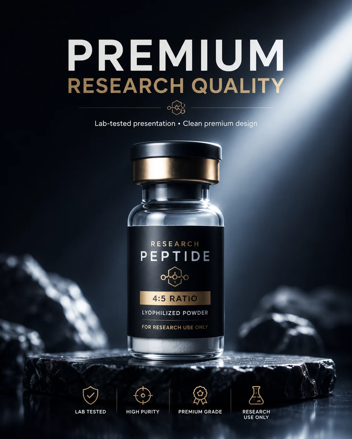 Premium product-shot ad creative for a research peptide brand
