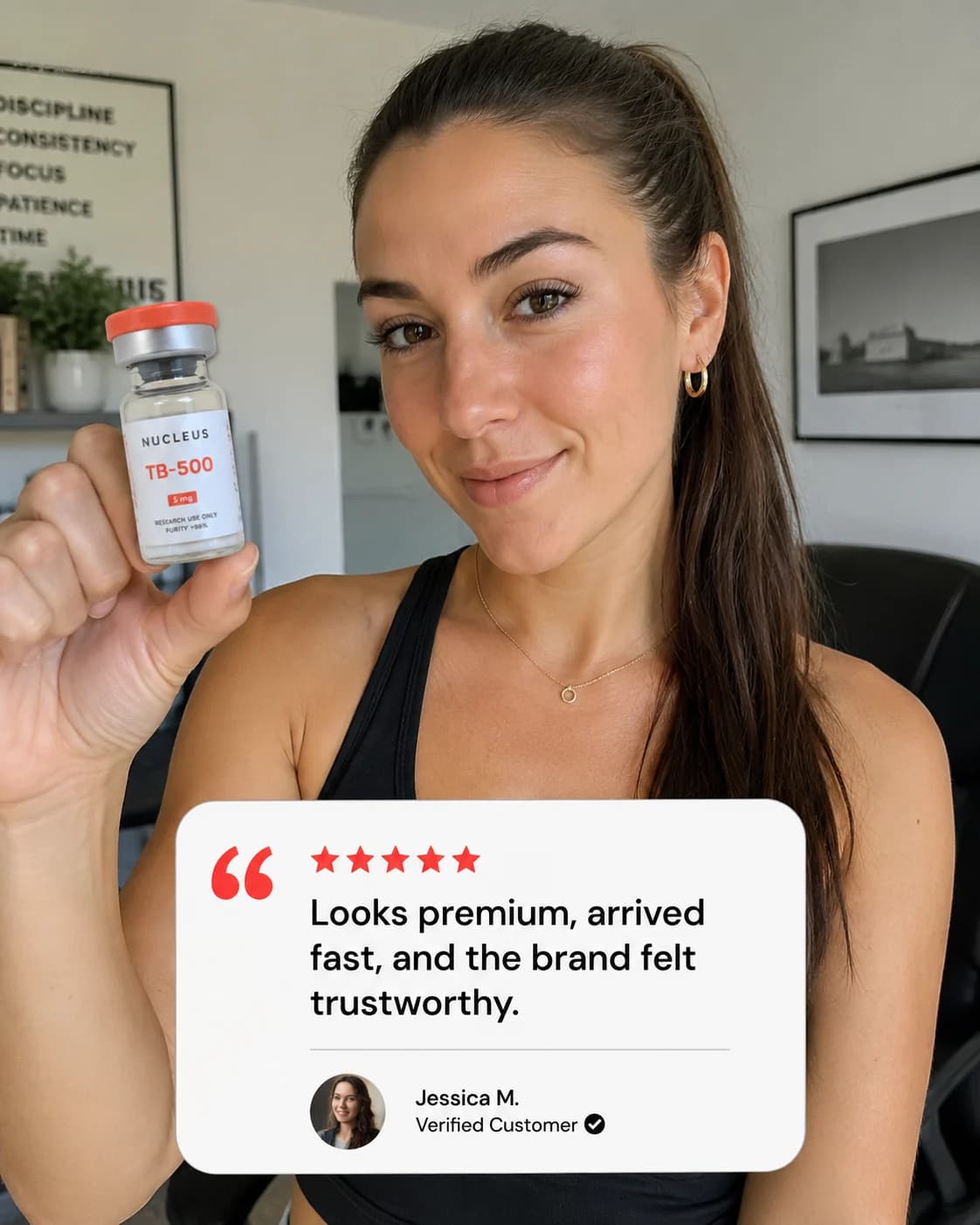 UGC testimonial-style ad creative with a customer holding a peptide vial