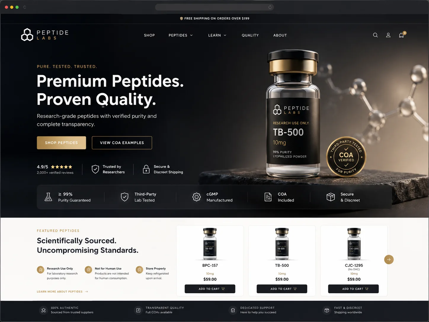 Desktop peptide website homepage mockup with premium product layout and trust signals