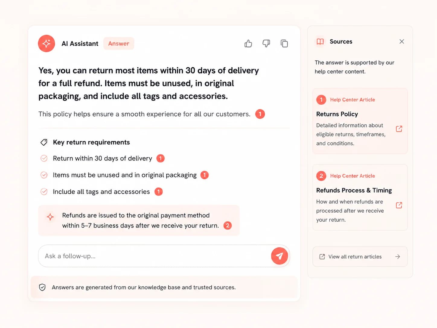 AI assistant answer interface with cited sources for generative engine optimization